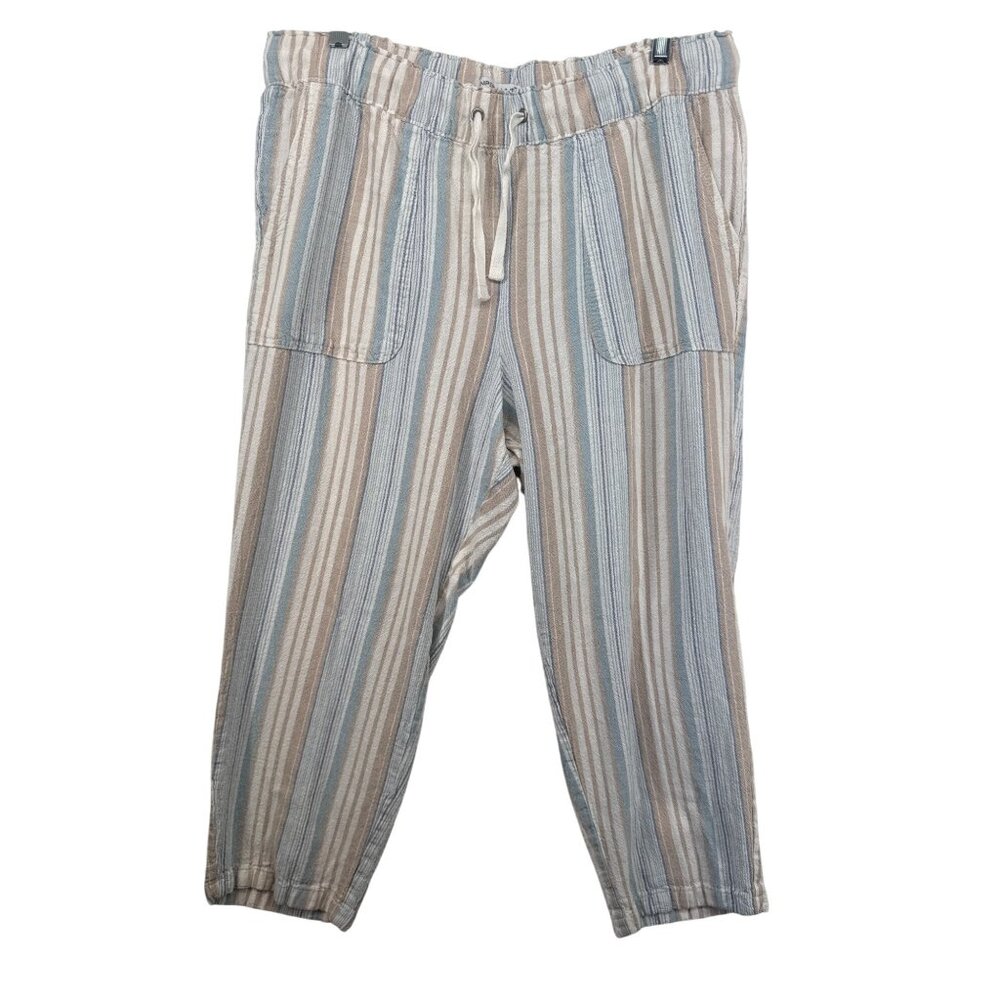 Juniper + Lime Womens Pants Sz L Blue Striped Linen/Rayon Beachy Lightwt Coastal